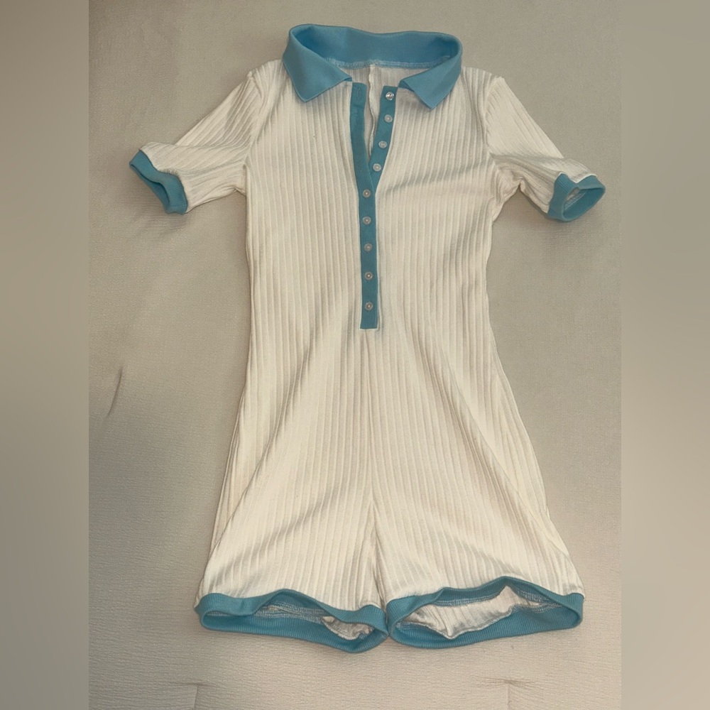 White and Blue Button-Up Romper